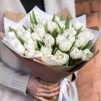Букет 25 белых тюльпанов с оформлением R1235